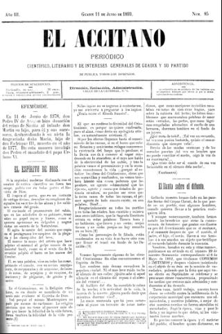 'El accitano  : periódico científico, literario y de intereses generales de Guadix y su partido' - Año III Número 85  - 1893 junio 11