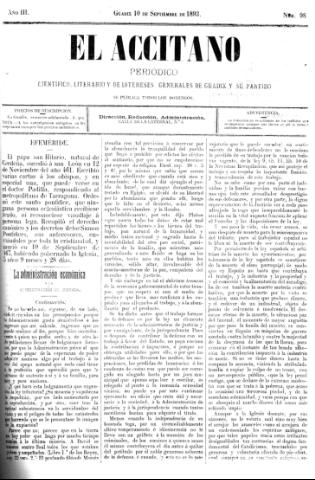 'El accitano  : periódico científico, literario y de intereses generales de Guadix y su partido' - Año III Número 98  - 1893 septiembre 10