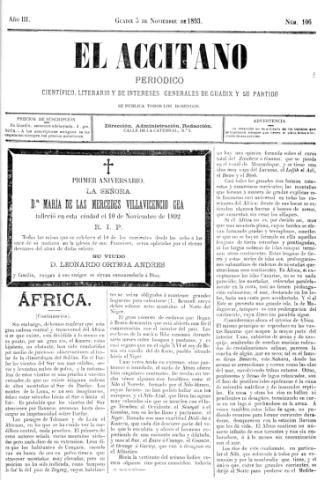 'El accitano  : periódico científico, literario y de intereses generales de Guadix y su partido' - Año III Número 106  - 1893 noviembre 5