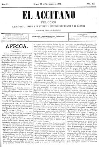 'El accitano  : periódico científico, literario y de intereses generales de Guadix y su partido' - Año III Número 107  - 1893 noviembre 12