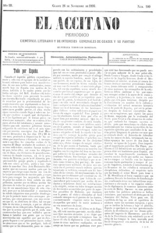'El accitano  : periódico científico, literario y de intereses generales de Guadix y su partido' - Año III Número 109  - 1893 noviembre 26