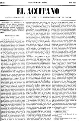 'El accitano  : periódico científico, literario y de intereses generales de Guadix y su partido' - Año IV Número 118  - 1894 enero 28