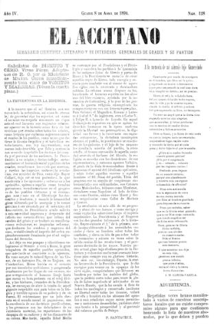 'El accitano  : periódico científico, literario y de intereses generales de Guadix y su partido' - Año IV Número 128  - 1894 abril 8