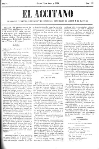 'El accitano  : periódico científico, literario y de intereses generales de Guadix y su partido' - Año IV Número 131  - 1894 abril 29