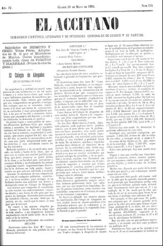 'El accitano  : periódico científico, literario y de intereses generales de Guadix y su partido' - Año IV Número 134  - 1894 mayo 20