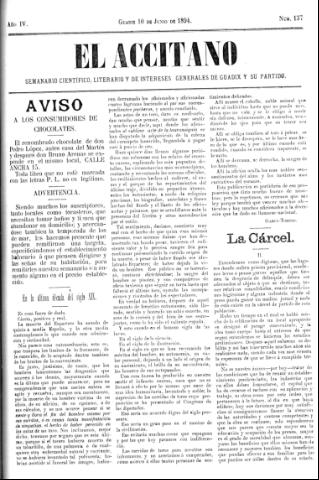 'El accitano  : periódico científico, literario y de intereses generales de Guadix y su partido' - Año IV Número 137  - 1894 junio 10