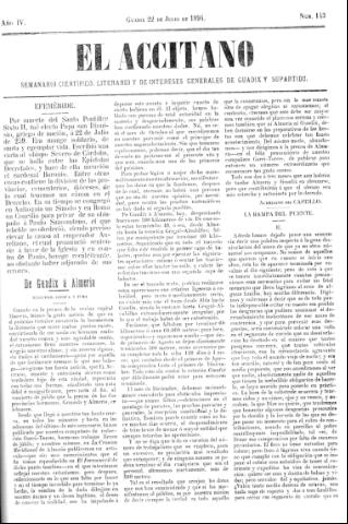 'El accitano  : periódico científico, literario y de intereses generales de Guadix y su partido' - Año IV Número 143  - 1894 julio 22