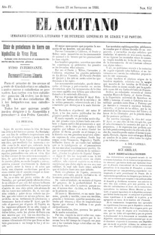 'El accitano  : periódico científico, literario y de intereses generales de Guadix y su partido' - Año IV Número 152  - 1894 septiembre 23
