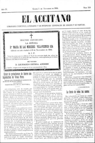 'El accitano  : periódico científico, literario y de intereses generales de Guadix y su partido' - Año IV Número 158  - 1894 noviembre 4