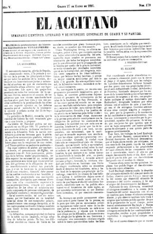 'El accitano  : periódico científico, literario y de intereses generales de Guadix y su partido' - Año V Número 170  - 1895 enero 27