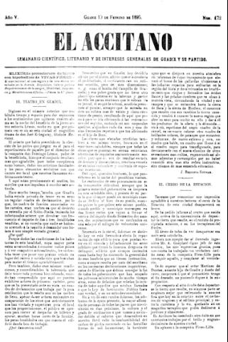 'El accitano  : periódico científico, literario y de intereses generales de Guadix y su partido' - Año V Número 172  - 1895 febrero 13