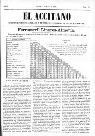 'El accitano  : periódico científico, literario y de intereses generales de Guadix y su partido' - Año V Número 191  - 1895 junio 23
