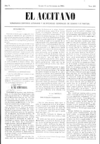 'El accitano  : periódico científico, literario y de intereses generales de Guadix y su partido' - Año V Número 203  - 1895 septiembre 15