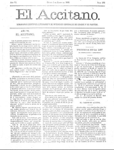 'El accitano  : periódico científico, literario y de intereses generales de Guadix y su partido' - Año VI Número 219  - 1896 enero 5