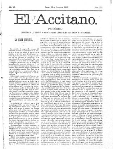 'El accitano  : periódico científico, literario y de intereses generales de Guadix y su partido' - Año VI Número 222  - 1896 enero 26