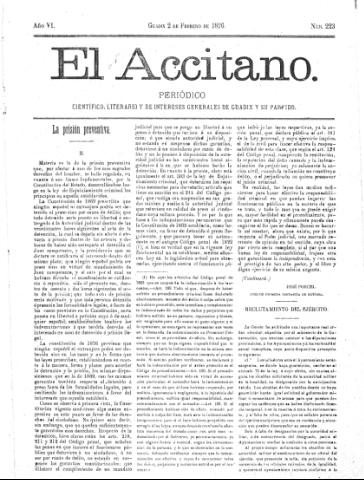 'El accitano  : periódico científico, literario y de intereses generales de Guadix y su partido' - Año VI Número 223  - 1896 febrero 2