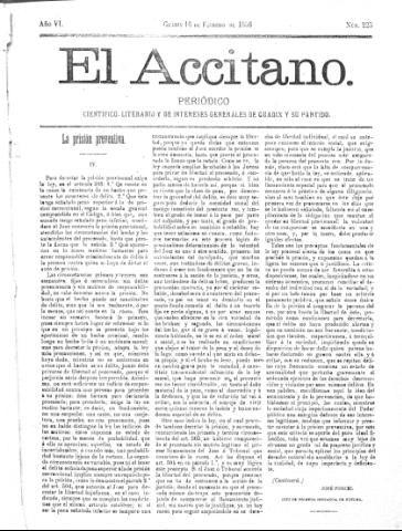 'El accitano  : periódico científico, literario y de intereses generales de Guadix y su partido' - Año VI Número 225  - 1896 febrero 16