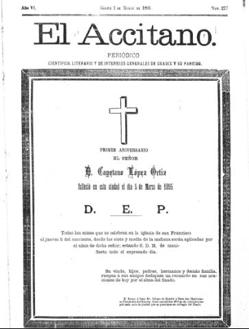 'El accitano  : periódico científico, literario y de intereses generales de Guadix y su partido' - Año VI Número 227  - 1896 marzo 2
