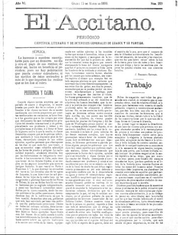 'El accitano  : periódico científico, literario y de intereses generales de Guadix y su partido' - Año VI Número 229  - 1896 marzo 15