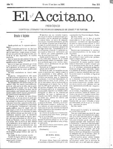 'El accitano  : periódico científico, literario y de intereses generales de Guadix y su partido' - Año VI Número 233  - 1896 abril 12