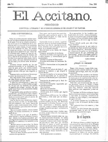 'El accitano  : periódico científico, literario y de intereses generales de Guadix y su partido' - Año VI Número 239  - 1896 mayo 10