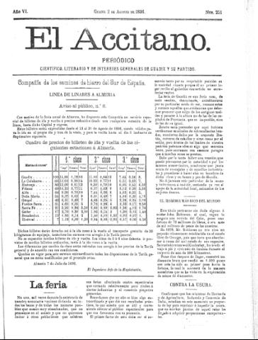 'El accitano  : periódico científico, literario y de intereses generales de Guadix y su partido' - Año VI Número 251  - 1896 agosto 2