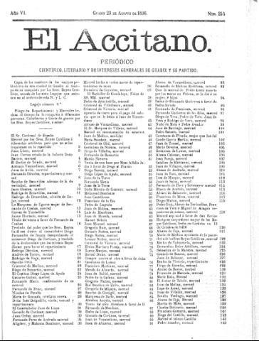 'El accitano  : periódico científico, literario y de intereses generales de Guadix y su partido' - Año VI Número 254  - 1896 agosto 23