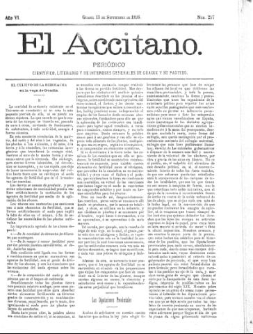 'El accitano  : periódico científico, literario y de intereses generales de Guadix y su partido' - Año VI Número 257  - 1896 septiembre 13