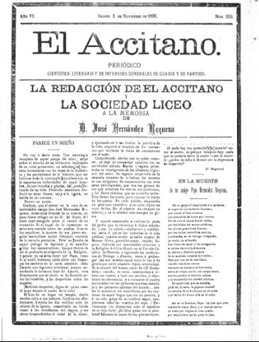 'El accitano  : periódico científico, literario y de intereses generales de Guadix y su partido' - Año VI Número 264  - 1896 noviembre 1