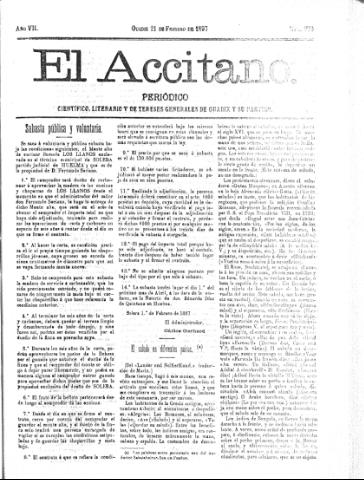 'El accitano  : periódico científico, literario y de intereses generales de Guadix y su partido' - Año VII Número 279  - 1897 febrero 21