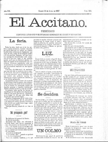 'El accitano  : periódico científico, literario y de intereses generales de Guadix y su partido' - Año VII Número 294  - 1897 junio 13