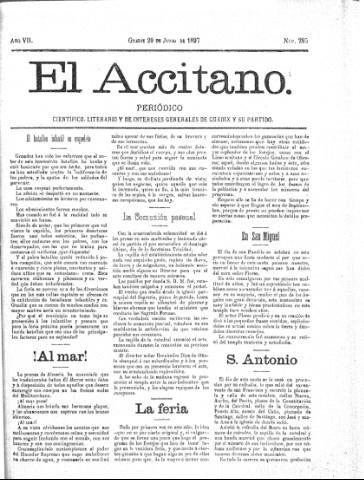 'El accitano  : periódico científico, literario y de intereses generales de Guadix y su partido' - Año VII Número 295  - 1897 junio 20