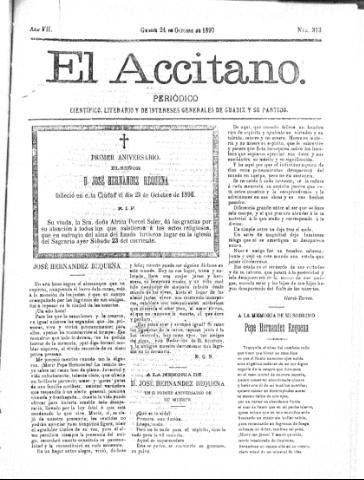 'El accitano  : periódico científico, literario y de intereses generales de Guadix y su partido' - Año VII Número 313  - 1897 octubre 24
