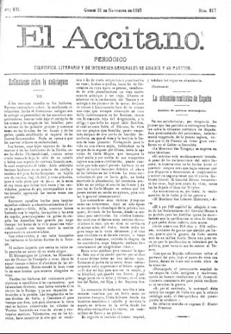 'El accitano  : periódico científico, literario y de intereses generales de Guadix y su partido' - Año VII Número 317  - 1897 noviembre 21
