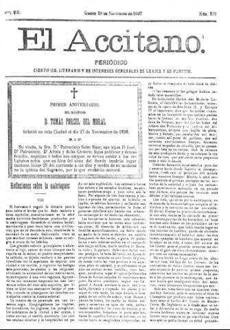 'El accitano  : periódico científico, literario y de intereses generales de Guadix y su partido' - Año VII Número 318  - 1897 noviembre 28