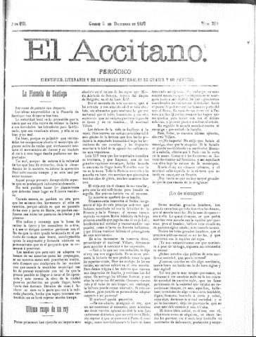'El accitano  : periódico científico, literario y de intereses generales de Guadix y su partido' - Año VII Número 319  - 1897 diciembre 5