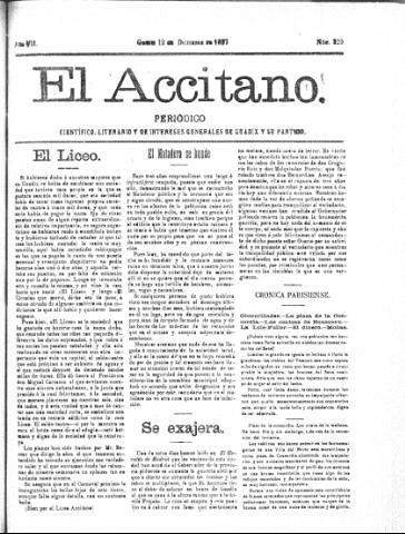 'El accitano  : periódico científico, literario y de intereses generales de Guadix y su partido' - Año VII Número 320  - 1897 diciembre 12