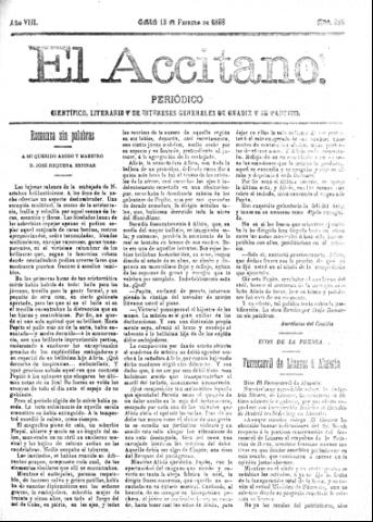 'El accitano  : periódico científico, literario y de intereses generales de Guadix y su partido' - Año VIII Número 329  - 1898 febrero 13