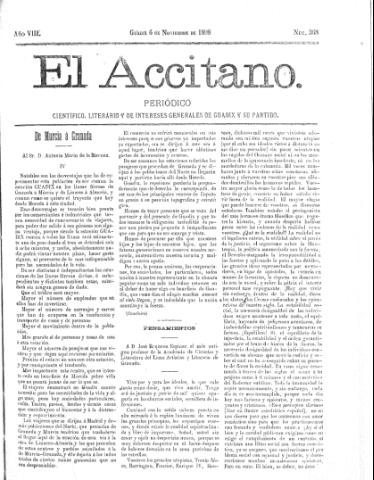 'El accitano  : periódico científico, literario y de intereses generales de Guadix y su partido' - Año VIII Número 368  - 1898 noviembre 6