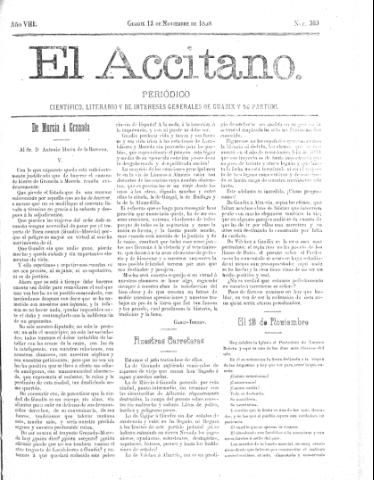 'El accitano  : periódico científico, literario y de intereses generales de Guadix y su partido' - Año VIII Número 369  - 1898 noviembre 13
