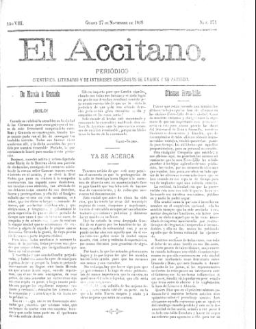 'El accitano  : periódico científico, literario y de intereses generales de Guadix y su partido' - Año VIII Número 371  - 1898 noviembre 27