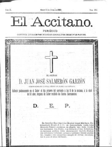 'El accitano  : periódico científico, literario y de intereses generales de Guadix y su partido' - Año IX Número 395  - 1899 junio 4