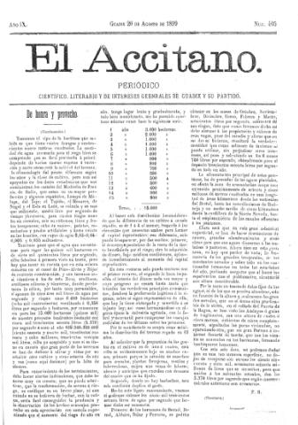 'El accitano  : periódico científico, literario y de intereses generales de Guadix y su partido' - Año IX Número 405  - 1899 agosto 20