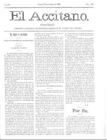 'El accitano  : periódico científico, literario y de intereses generales de Guadix y su partido' - Año IX Número 406  - 1899 agosto 27