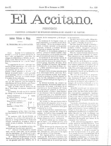 'El accitano  : periódico científico, literario y de intereses generales de Guadix y su partido' - Año IX Número 410  - 1899 septiembre 24