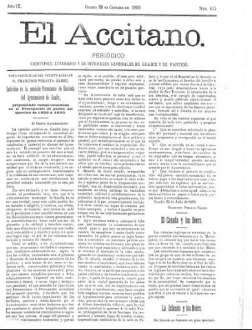 'El accitano  : periódico científico, literario y de intereses generales de Guadix y su partido' - Año IX Número 415  - 1899 octubre 29