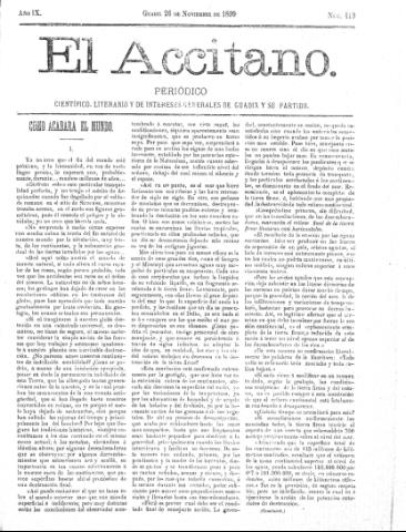 'El accitano  : periódico científico, literario y de intereses generales de Guadix y su partido' - Año IX Número 419  - 1899 noviembre 26