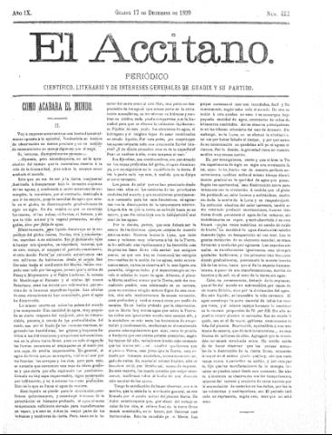'El accitano  : periódico científico, literario y de intereses generales de Guadix y su partido' - Año IX Número 422  - 1899 diciembre 17