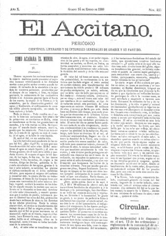 'El accitano  : periódico científico, literario y de intereses generales de Guadix y su partido' - Año X Número 425  - 1900 enero 14