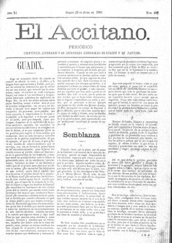 'El accitano  : periódico científico, literario y de intereses generales de Guadix y su partido' - Año XI Número 496  - 1901 junio 23